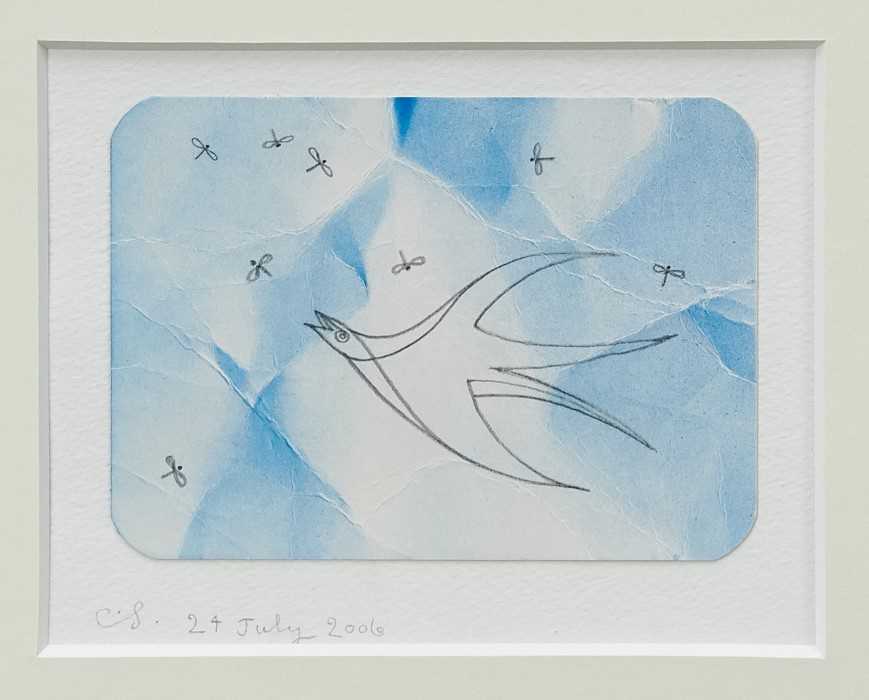 Lot 1105 - Colin Self - Swallow, watercolour and pencil, on Chinese takeaway lid