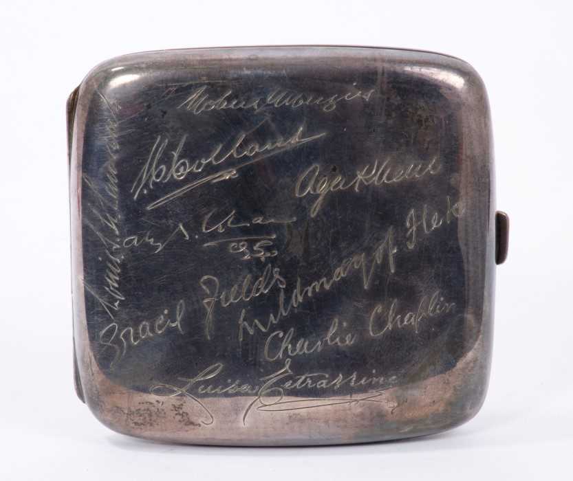Lot 411 - Unusual 1920s silver cigarette case with engraved signatures of Gracie Fields, Charlie Chaplin, Aga Khan and others