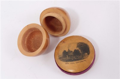 Lot 1139 - Mixed lot to include Agate bell-push, Mauchline pin cushion-canterbury scene, miniature compass, coquilla egg and a folding corkscrew (5)
