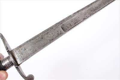 Lot 727 - 18th century French hunting sword with spiral twist ebony hilt, recurving cross guard and etched fullered blade. 72cm overall .