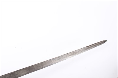 Lot 727 - 18th century French hunting sword with spiral twist ebony hilt, recurving cross guard and etched fullered blade. 72cm overall .