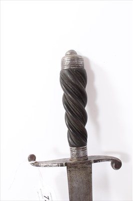 Lot 727 - 18th century French hunting sword with spiral twist ebony hilt, recurving cross guard and etched fullered blade. 72cm overall .