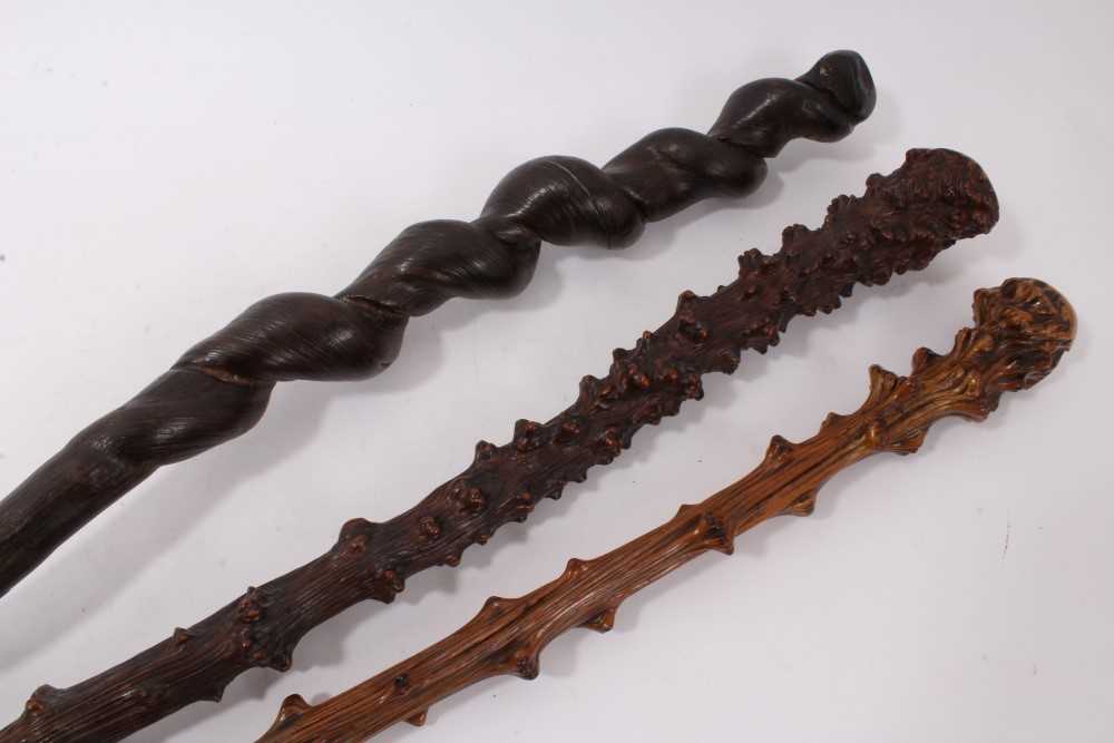 Lot 725 - Good antique root wood stick, gnarled tapering stem with horn ferrule, 95cm long, together with a similar stick