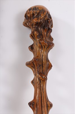 Lot 725 - Good antique root wood stick, gnarled tapering stem with horn ferrule, 95cm long, together with a similar stick