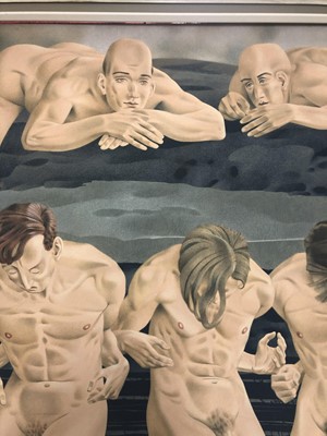 Lot 1175 - Francis Plummer (1930-2019) egg tempera on board - figures on rocks, signed and dated April ‘71, framed, 120cm x 100cm