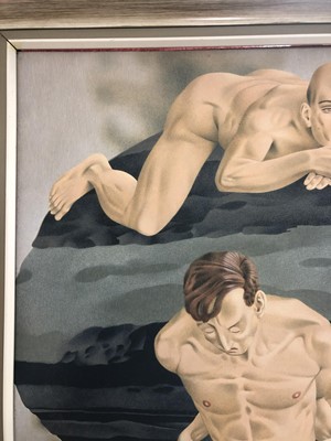 Lot 1175 - Francis Plummer (1930-2019) egg tempera on board - figures on rocks, signed and dated April ‘71, framed, 120cm x 100cm