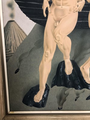 Lot 1175 - Francis Plummer (1930-2019) egg tempera on board - figures on rocks, signed and dated April ‘71, framed, 120cm x 100cm