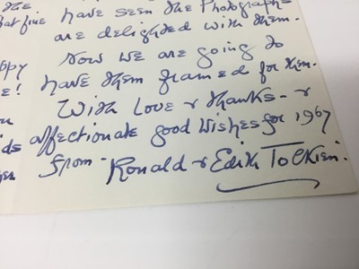 Lot 1464 - Edith Tolkien (1889-1971) a hand written letter by the wife of J. R. R. Tolkien to his official photographer Pamela Chandler, dated Dec. 27th / 66: My dear Pamela, How kind of you to send a Xmas ca...