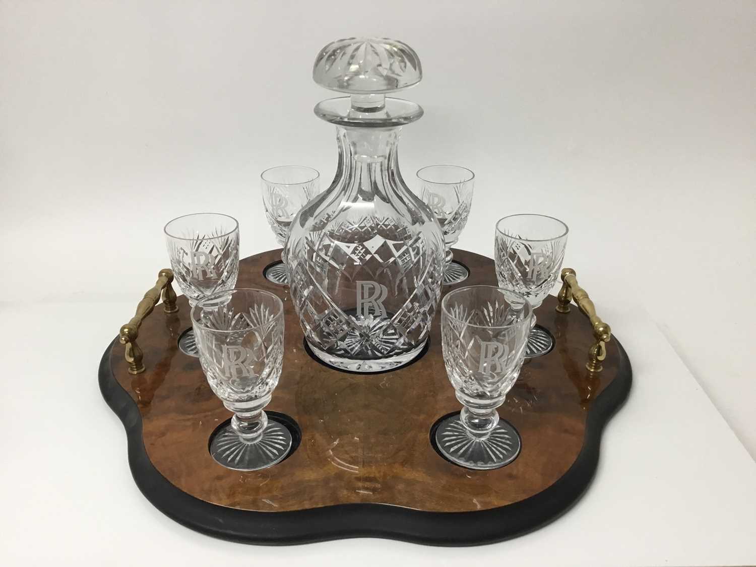 Lot 339 - Rolls Royce decanter and glasses set on burr walnut tray