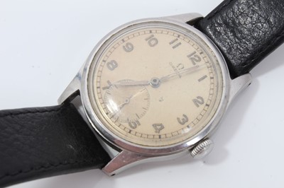 Lot 140 - 1950s Gentleman's Omega wristwatch in stainless steel case with silvered dial , luminous Arabic numerals with subsidiary seconds on leather strap, the case 37mm.