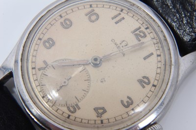 Lot 140 - 1950s Gentleman's Omega wristwatch in stainless steel case with silvered dial , luminous Arabic numerals with subsidiary seconds on leather strap, the case 37mm.