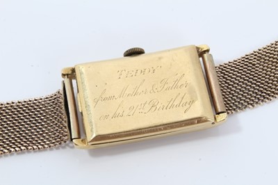 Lot 264 - 1930s gentlemans 18ct gold Omega  retangular wristwatch with silvered dial on 9ct gold mesh bracelet strap