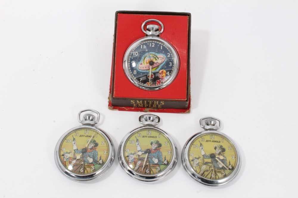 Lot 58 - 1950s Ingersoll Dan Dare in space pocket watch and three 1950s Ingersoll Jeff Arnold pocket watches (4)