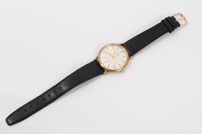 Lot 178 - 1970s gentlemens Omega Genève wristwatch with 17 jewel 601 calibre movement, the circular brushed satin dial with applied gold dart hour markers and centre seconds, in gold plated circular case, on...
