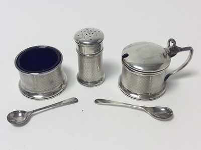 Lot 153 - George V silver three piece cruet set of drum form with engine with removable blue glass liners and matching spoons, (Birmingham 1928), maker Docker & Burn Ltd, pepperette 5.2cm in height, all at a...