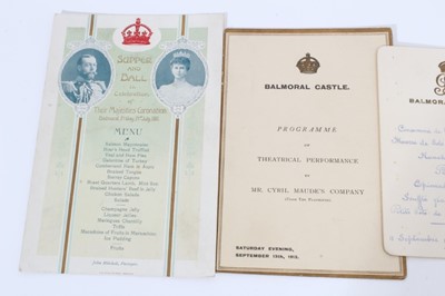 Lot 32 - A group of Royal ephemera comprising King George V invitation to a Supper and ball at Balmoral to celebrate the Coronation 1911 and menu for same, Balmoral Castle King George V menu card dated 11th...