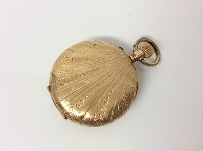 Lot 713 - Late 19th century Swiss 18ct gold fob watch with enamel dial in engraved gold case. 32mm diameter.