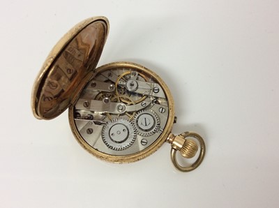 Lot 713 - Late 19th century Swiss 18ct gold fob watch with enamel dial in engraved gold case. 32mm diameter.