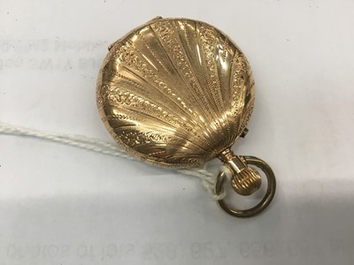 Lot 713 - Late 19th century Swiss 18ct gold fob watch with enamel dial in engraved gold case. 32mm diameter.