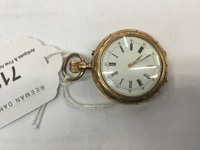Lot 713 - Late 19th century Swiss 18ct gold fob watch with enamel dial in engraved gold case. 32mm diameter.