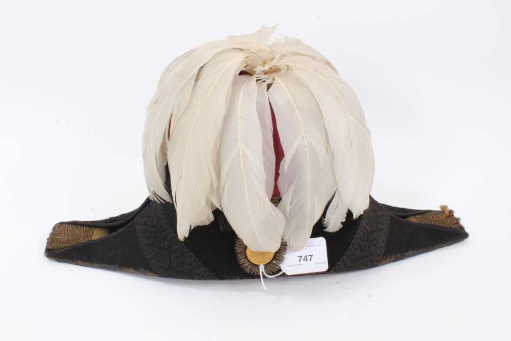 Lot 747 - George V Court Officials' Bicorn hat with silver and gold bullion, red and white feather plume , oginal silk and leather lining