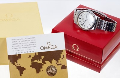 Lot 603 - 1970s Gentlemen's Omega Genève stainless steel wristwatch in box with original guarantee dated 1976