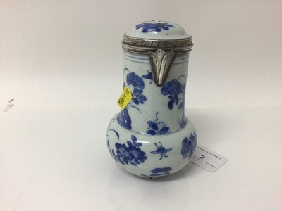 Lot 2 - Chinese Kangxi porcelain jug and cover with later silver mount, together with a bowl (2)