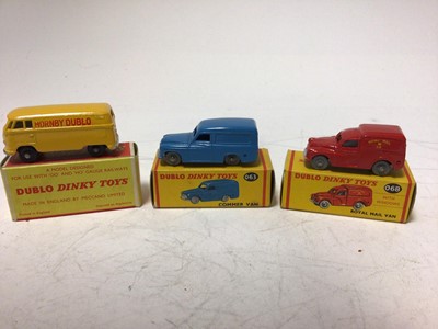 Lot 2043 - Dinky Dublo, VW Delivery Van 071, Royal Mail Van 068, Commer Van 063, Austin Taxi 067, Austin Lorry 064, all boxed (5)