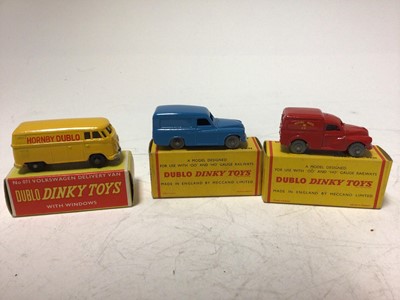Lot 2043 - Dinky Dublo, VW Delivery Van 071, Royal Mail Van 068, Commer Van 063, Austin Taxi 067, Austin Lorry 064, all boxed (5)