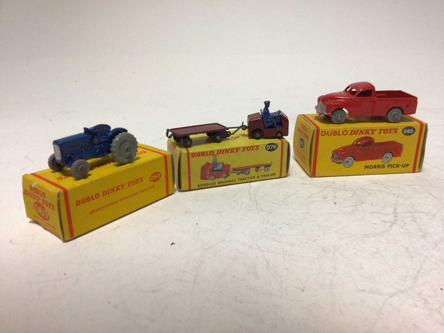 Lot 2044 - Dinky Dublo Morris Pick Up 065, Ford Prefect 061, Massey Harris Ferguson Tractor 069, Singer Roadster 062, Lansing Bagnall Tractor and Trailer 076, all boxed