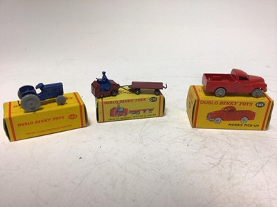 Lot 2044 - Dinky Dublo Morris Pick Up 065, Ford Prefect 061, Massey Harris Ferguson Tractor 069, Singer Roadster 062, Lansing Bagnall Tractor and Trailer 076, all boxed