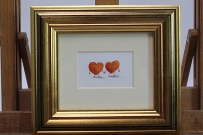 Lot 1745 - Rebecca Cobb (b.1982) coloured pencil and watercolour – Gingerbread Valentines, initialled, in glazed gilt frame, 4.5cm x 7cm 
Provenance: Chris Beetles Ltd. London