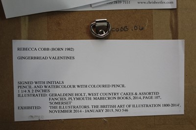 Lot 1745 - Rebecca Cobb (b.1982) coloured pencil and watercolour – Gingerbread Valentines, initialled, in glazed gilt frame, 4.5cm x 7cm 
Provenance: Chris Beetles Ltd. London
