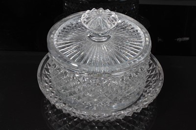 Lot 44 - Georgian cut glass butter tub and lid on stand, together with a pair of cut glass urns and covers
