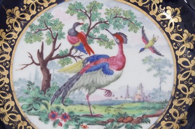 Lot 13 - Worcester plate, circa 1770, of fluted form, polychrome painted with exotic birds, on a cobalt blue and gilt-patterned ground, seal mark to base, 19cm diameter