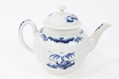 Lot 22 - Rare Worcester small strap-fluted teapot and cover, circa 1755, painted in blue with the Fisherman and Willow Pavilion pattern, workman's mark to base, 11cm high