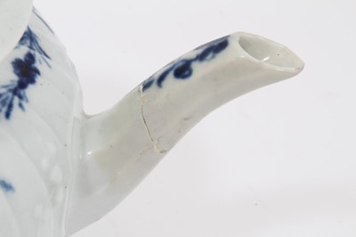 Lot 22 - Rare Worcester small strap-fluted teapot and cover, circa 1755, painted in blue with the Fisherman and Willow Pavilion pattern, workman's mark to base, 11cm high
