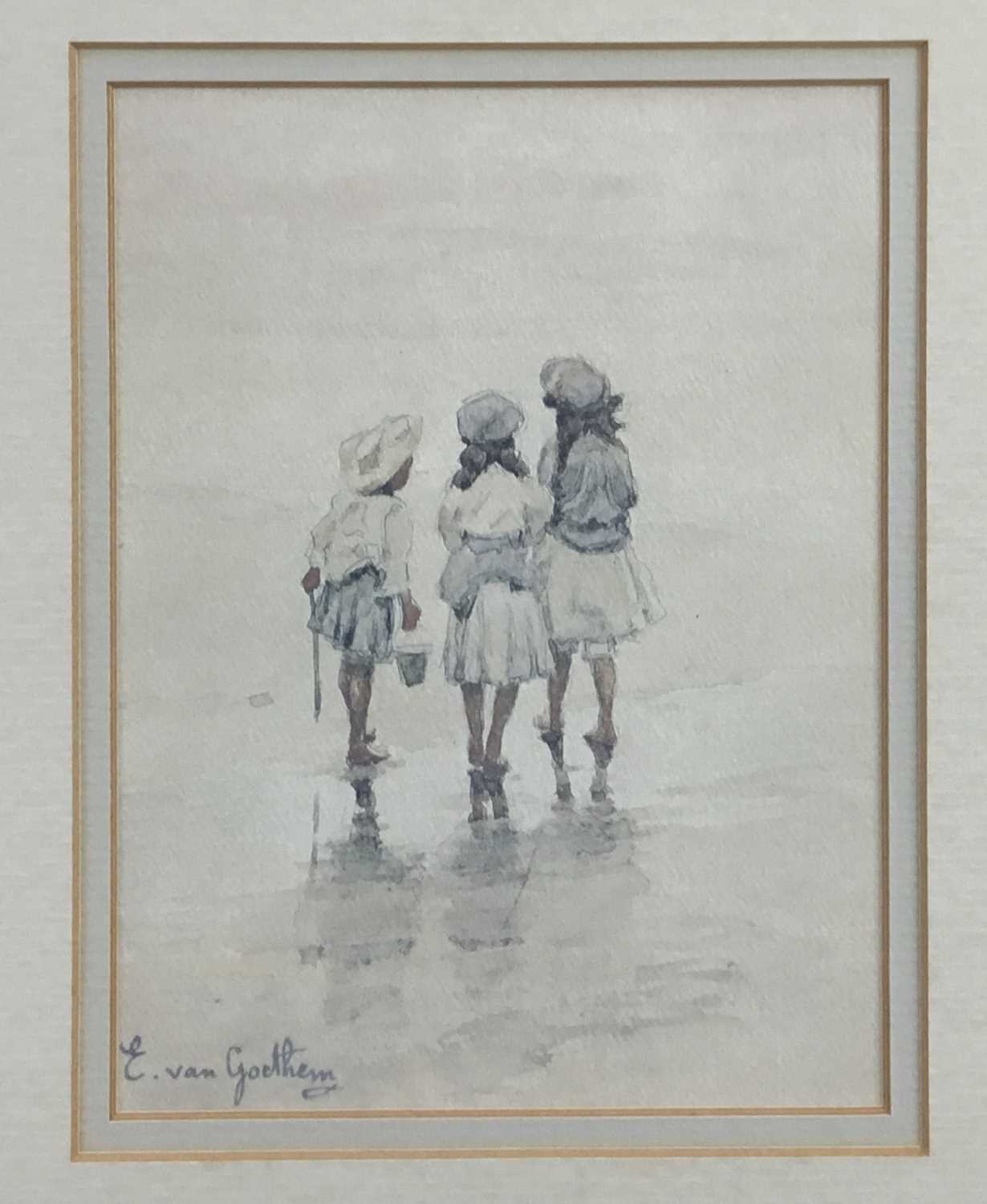Lot 148 - Edward Van Goethem (1857 - 1924), watercolour,  
Three children paddling, signed, 
in gilt frame. 18 x 13cm.