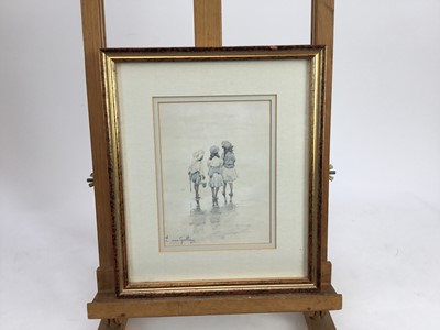 Lot 148 - Edward Van Goethem (1857 - 1924), watercolour,  
Three children paddling, signed, 
in gilt frame. 18 x 13cm.
