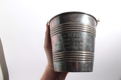 Lot 872 - Second World War period silver plated ice bucket with engraved presentation inscription ''Lt. Col. A. E. Gill. R.A. Order of Liberation 7th U.S. Army 6th Army Group France 1944 - 1945, together wit...