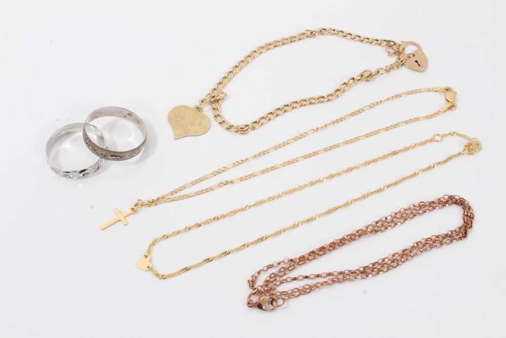 Lot 316 - Two 9ct white gold wedding rings, three 9ct gold bracelets and 9ct rose gold chain